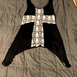 Black jersey tank top with white lace cross